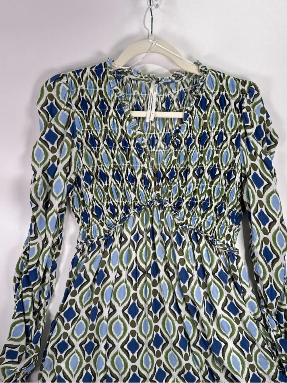 By Anthropologie Ruffle Mini Dress Smocked Long Sleeve Ikat Blue Green S - Picture 5 of 14